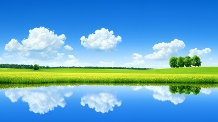 Serene Summer Landscape with Yellow Field and Blue Sky Reflection