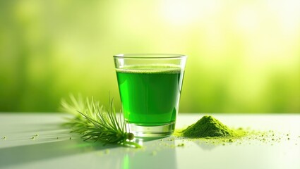 Fresh barley grass and green barley powder are incorporated into a glass of barley grass juice.