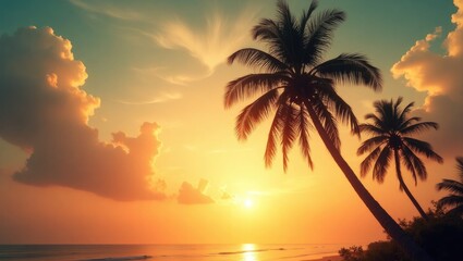 Palm trees silhouetted against a dreamy sunset sky filled with clouds, featuring enchanting bokeh lights. Evoking themes of summer escapes and outdoor adventures with a vintage filter effect.