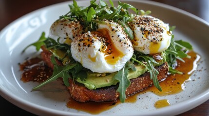 Delicious avocado toast topped with poached eggs and drizzled with sauce served on a stylish plate