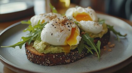 Delicious avocado toast topped with poached eggs and nuts served at a cozy brunch spot