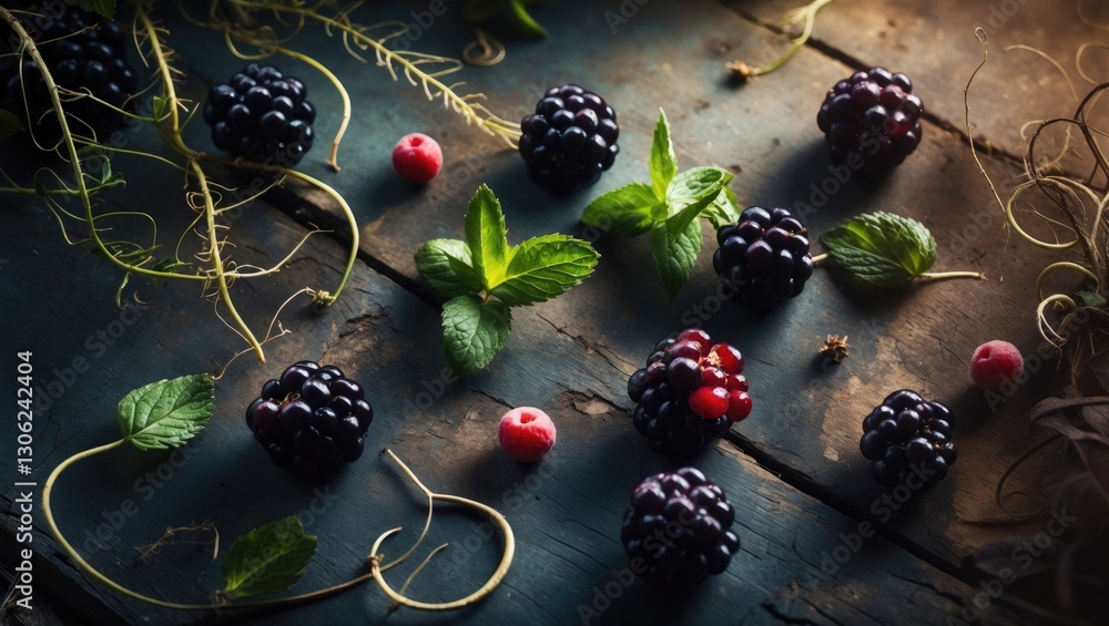 Poster detailed view of fresh blackberries on a table. a mix of ripe berries and wild ingredients are arran