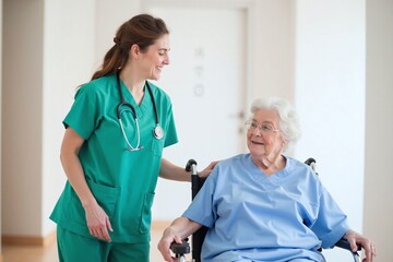 nurse helping an elderly woman in a wheelchair
