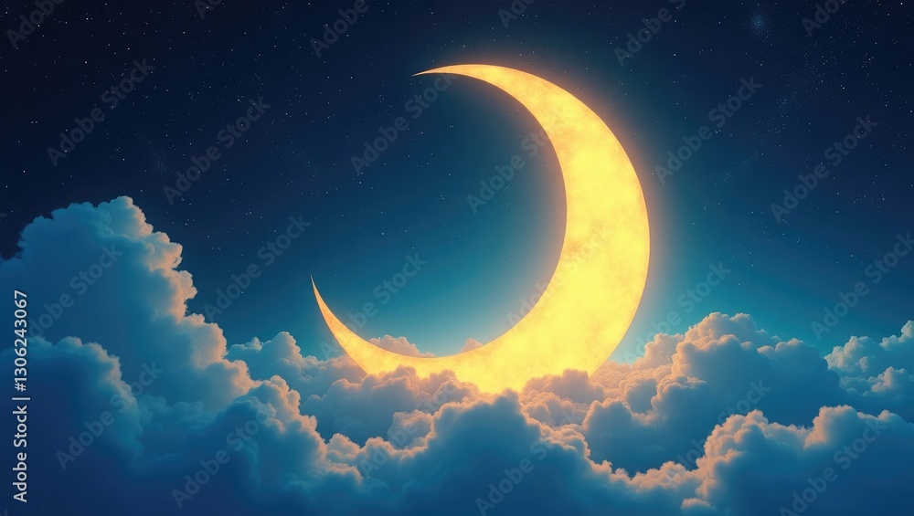 Poster half moon shining through clouds with a star. bright yellow crescent. realistic aspects for festive 