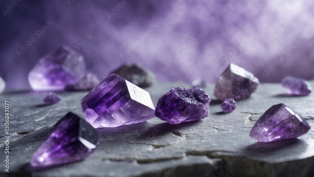Poster macro shot of purple amethyst quartz crystals with a violet gemstone abstract backdrop.