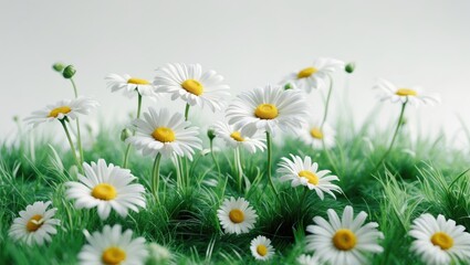 Fototapeta premium Daisies and lush green grass set against a white backdrop with an alpha mask.