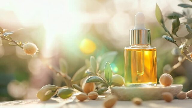 A premium glass dropper bottle filled with golden argan oil, surrounded by fresh argan nuts and leaves. The warm, natural lighting enhances the organic and luxurious feel, perfect for skincare, beauty