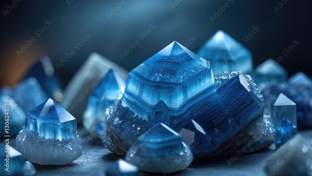 Poster Blue agate crystals, Druse form of SiO2 silicon dioxide. Macro view.