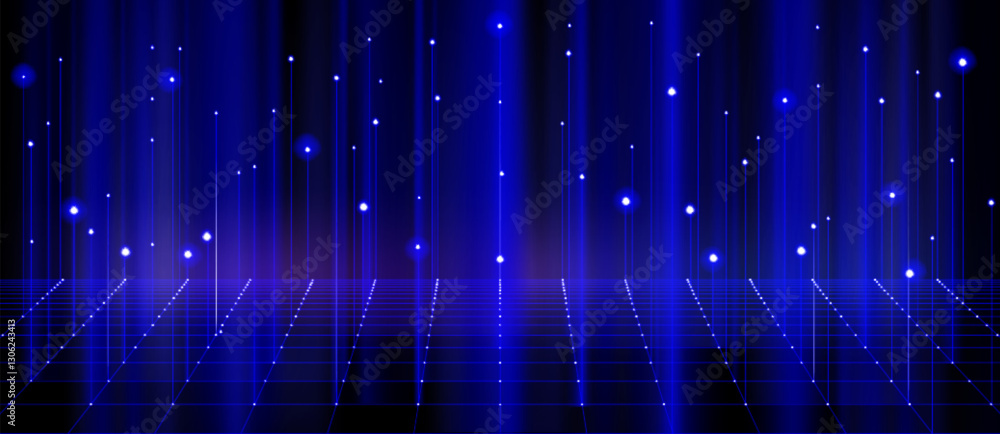 Poster ai data lines on digital blue grid with glowing nodes on dark background. future technology network 