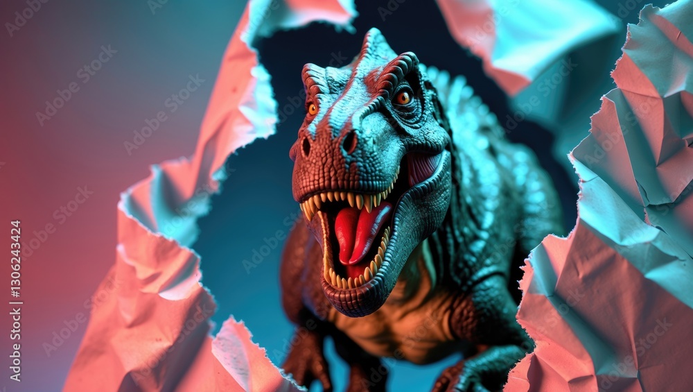 Poster Intense close-up of a furious T-Rex dinosaur model emerging from ripped paper. Fearsome creature with an open jaw and sharp fangs.