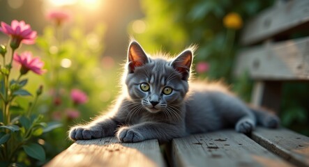 adorable gray kitten lounging on a bench under the bright sunlight