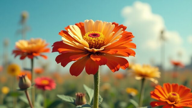 Zinnia elegans 'Pop Art Gold, Red White' is a delightful annual flower suitable for gardens.