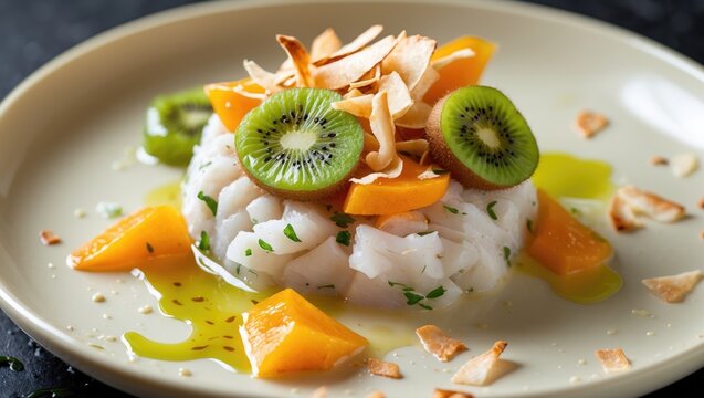 Fish Tartare with Kiwi, Persimmon, and Coconut Flakes Served on a Creamy Base Drizzled with Olive Oil