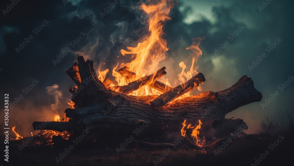 Poster intimate view of a bonfire featuring tall flames consuming a log