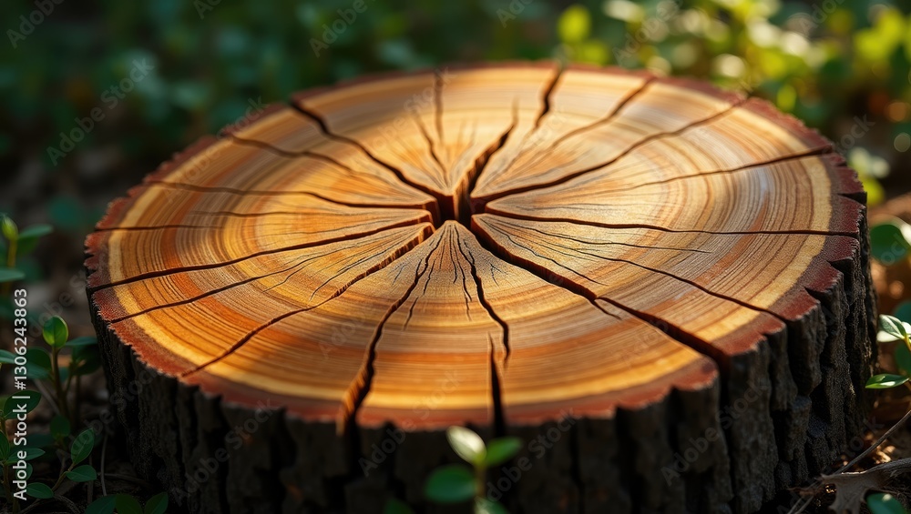 Aufkleber Segmented view of a sliced tree trunk from the forest displaying wavy cracks and growth rings.