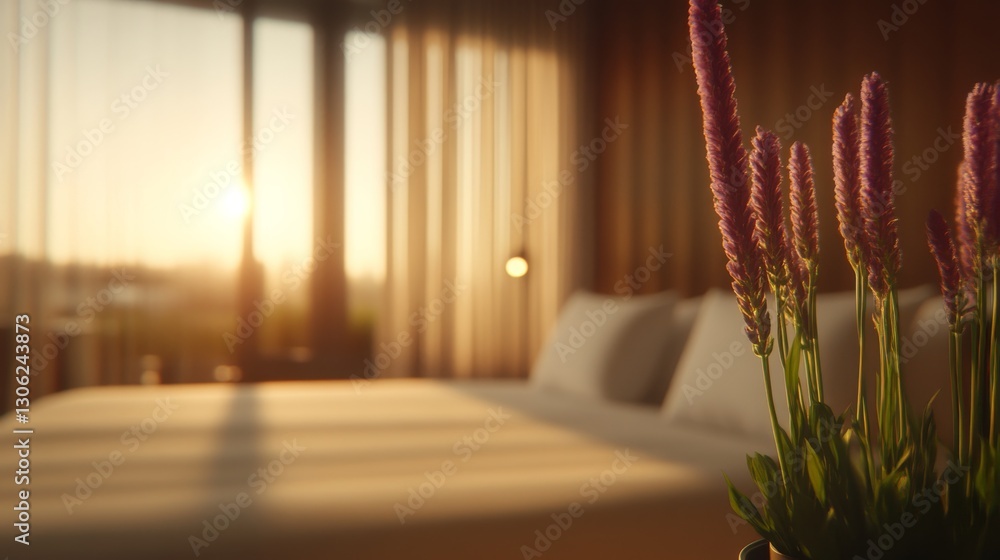 Poster Soft sunlight streams through sheer curtains, creating a tranquil ambiance over a well-arranged bed adorned with white pillows and vibrant greenery