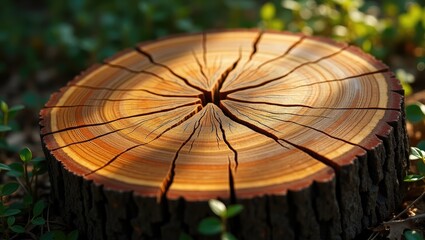Segmented view of a sliced tree trunk from the forest displaying wavy cracks and growth rings.