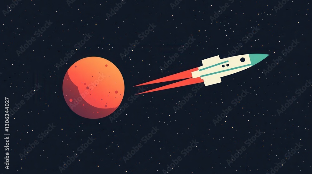 Poster a colorful rocket is flying towards a red planet in a starry space background, symbolizing explorati