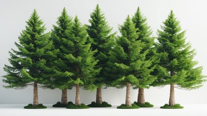 Fototapeta premium Isolated pine trees arranged for garden design or landscaping. Group depicted against a white backdrop with photorealistic quality for professional use.