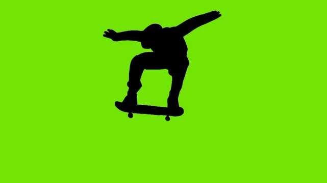 silhouette animation of skateboarder riding skate green background