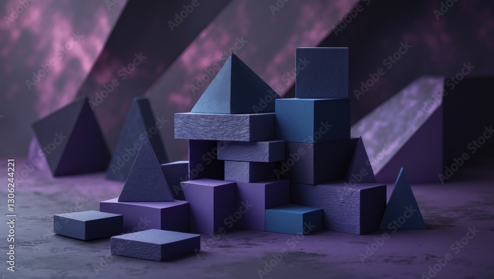 Poster Modern geometric shapes like triangles, squares, and blocks are haphazardly stacked in an artistic arrangement, featuring fine textures against an abstract purple-toned background.