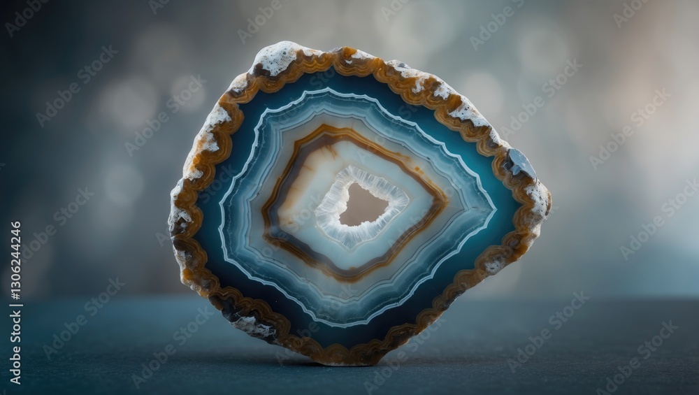 Aufkleber close-up view of a slice of natural agate stone. unique mineral patterns and textures suitable for b