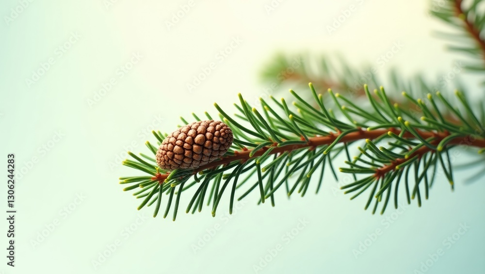 Poster detailed view of a conifer branch featuring a cone on a light backdrop.