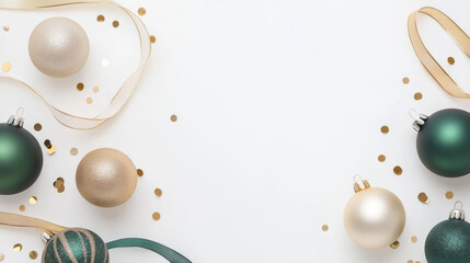 Fototapeta premium Festive Christmas ornaments and ribbons on white background