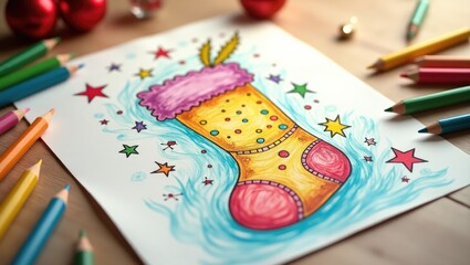 Obraz premium Christmas stocking coloring page. Educational color-by-numbers game for kids, festive drawing activity for the holiday season.