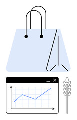 Shopping bag, upward graph trend on screen, wheat stalk. Ideal for business analytics, e-commerce, retail growth, agricultural trade, economic data, sustainability flat simple metaphor