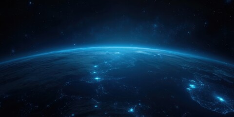 Fototapeta premium View of Earth from space showcasing stunning blue glow of the atmosphere and illuminated landmasses at night