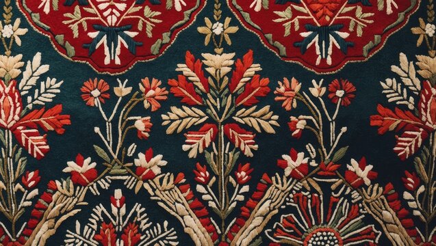 Design idea for a classic hybrid embroidery pattern. The user interface theme for a website incorporates retro illustrative visuals. Inspiration for home decor. The rug's background features an abs...