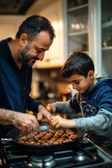 A father and son carefully shape lamb kofta before grilling them on a stovetop. The rich spices create a mouthwatering aroma.