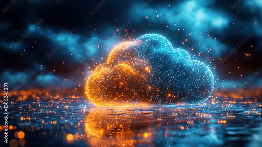 Poster illuminated cloud shaped object above a glowing reflective surface