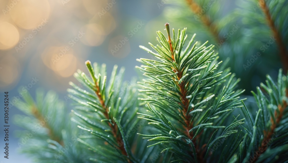 Poster detailed views of small conifer needles, lush green pine tree branches, and an up-close look at the 