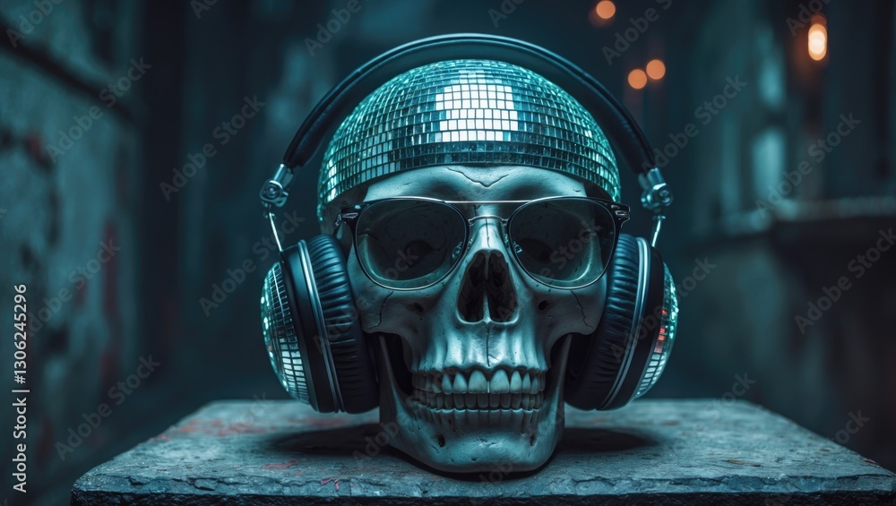 Poster mirror ball skull ..image of a skull designed as a disco mirror ball, complete with headphones and s