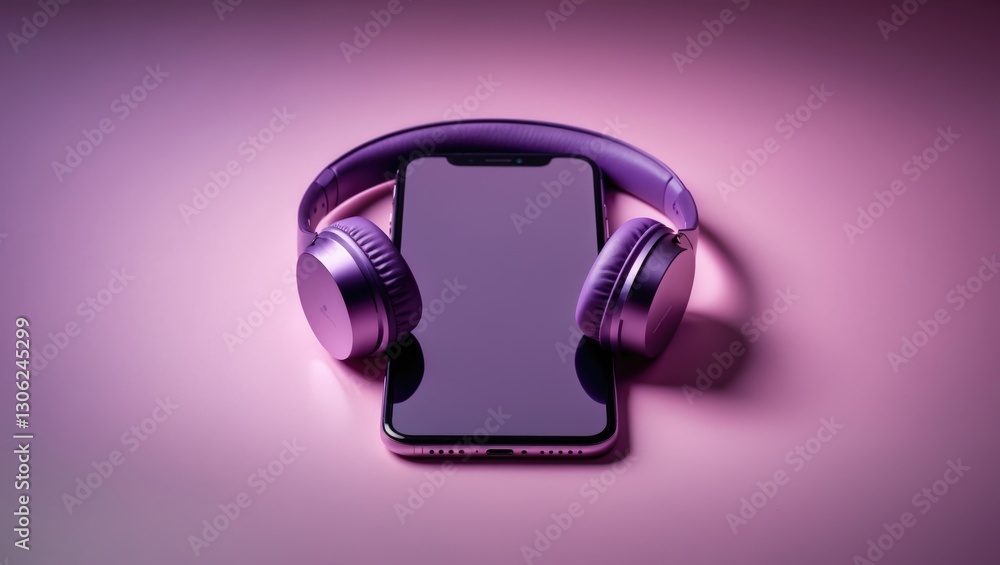 Poster a mobile device with an empty display and violet headphones resting on a rosy background.