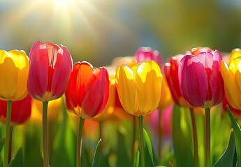 Lively spring meadow with glowing tulips in warm sunlight, optimized for botanical art prints, seasonal greeting cards, and outdoor event promotional content.