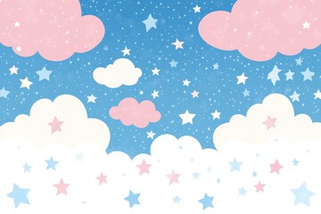 A whimsical sky filled with pink clouds and colorful stars against a soothing blue background, creating a dreamy atmosphere.