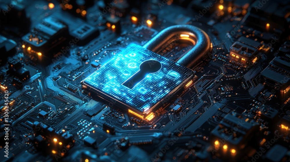 Poster a glowing lock superimposed on a computer circuit board