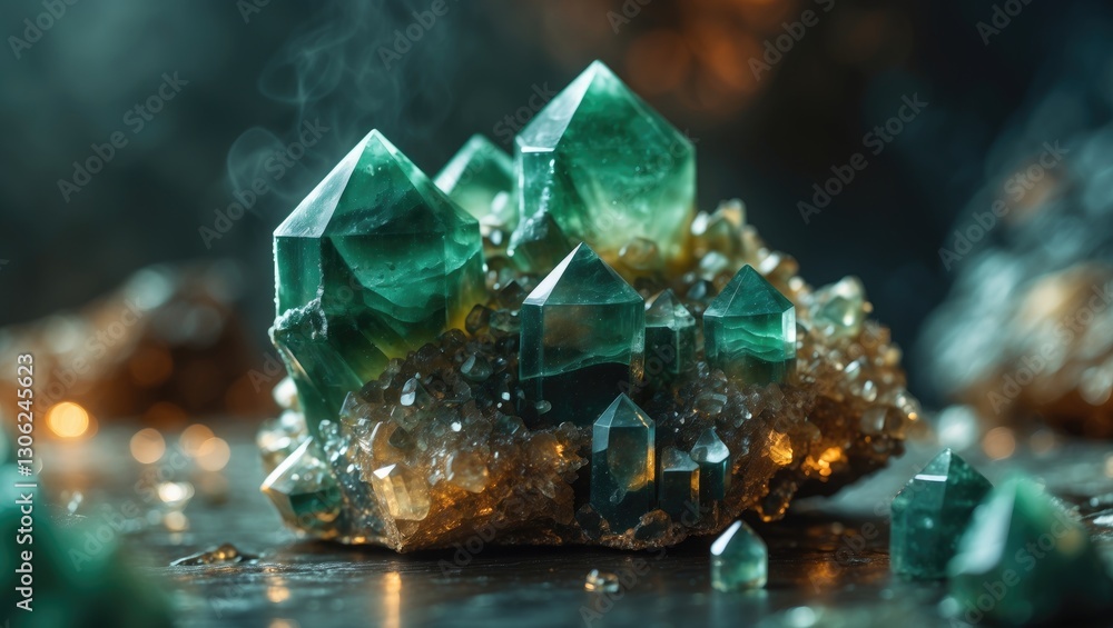 Poster Green druse crystals of Agate SiO2, silicon dioxide. Macro shot. Stunning backdrop for your successful project.