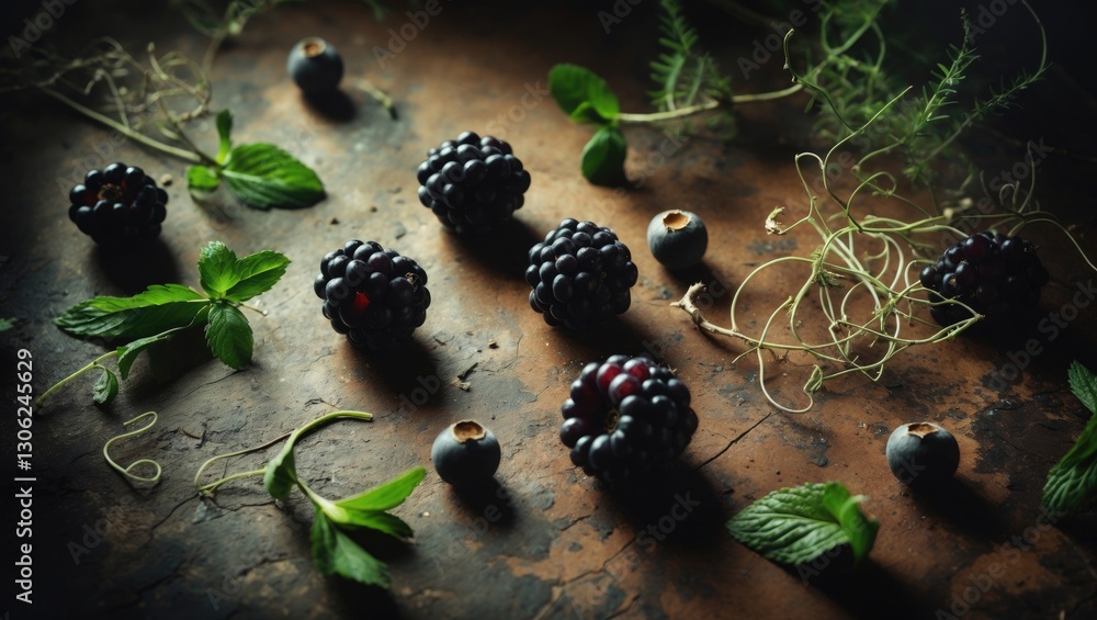 Aufkleber Detailed view of fresh blackberries on a rustic surface. Various ripe berries and wild edibles are arranged on the table in a frontal, flat-lay style.
