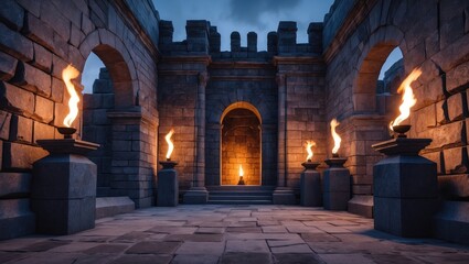 Ancient classic architecture is showcased through blazing torches, granite blocks, and stone arches, illustrated in a nighttime cartoon setting of a castle, palace, or temple facade.