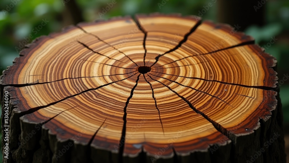 Poster Cross-section view of a sliced tree trunk featuring wavy patterns, cracks, and growth rings.