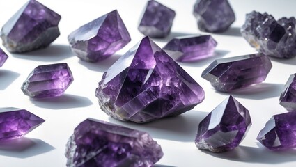 Detailed close-up of purple rough amethyst quartz crystals arranged on a white surface.