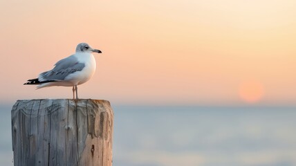 Fototapeta premium A seagull rests on a pier post, its silhouette framed by the orange hues of a setting sun.