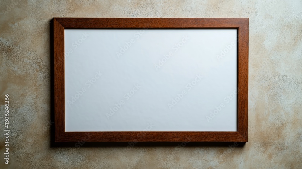 Aufkleber a clean wooden picture frame hangs on a soft beige wall, illuminated by natural light that enhances 