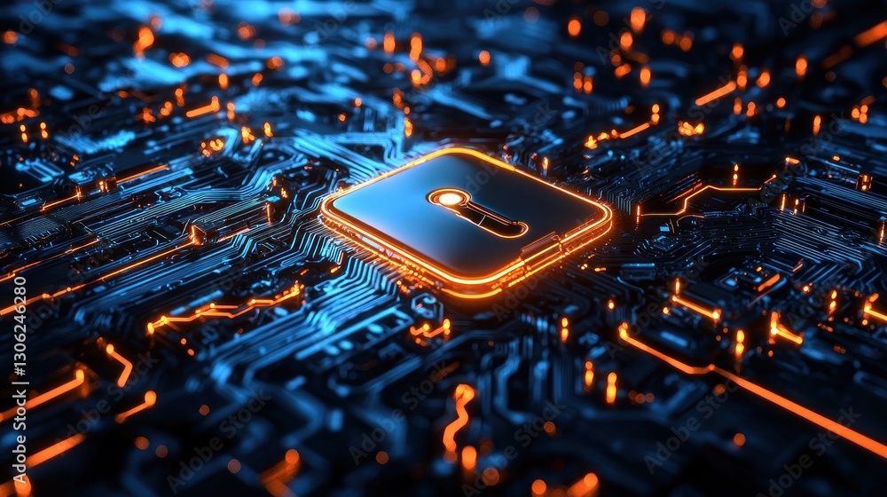 Aufkleber illuminated circuit board with a centered security padlock symbol