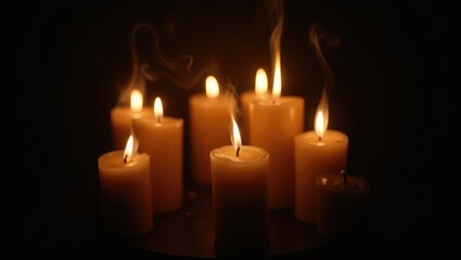 Detailed view of illuminated candles amidst shadows
