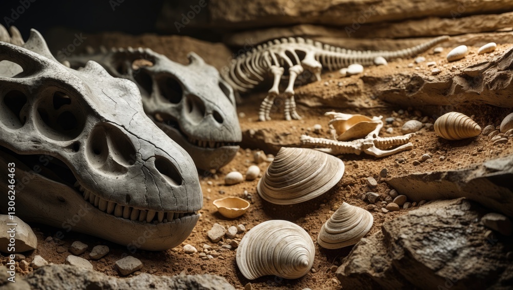 Poster fossilized dinosaur skulls, reptilian skeletons, and ancient mollusk shells layered within soil, ill